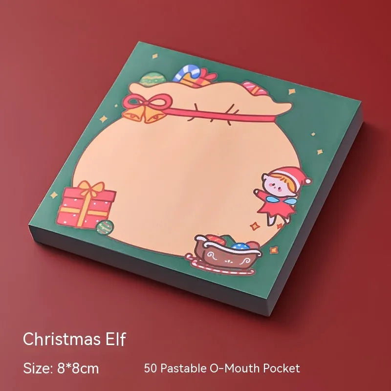 Christmas cartoon sticky notes pad with Santa, snowman, elf, gift, sled, house, bear and crystal ball designs