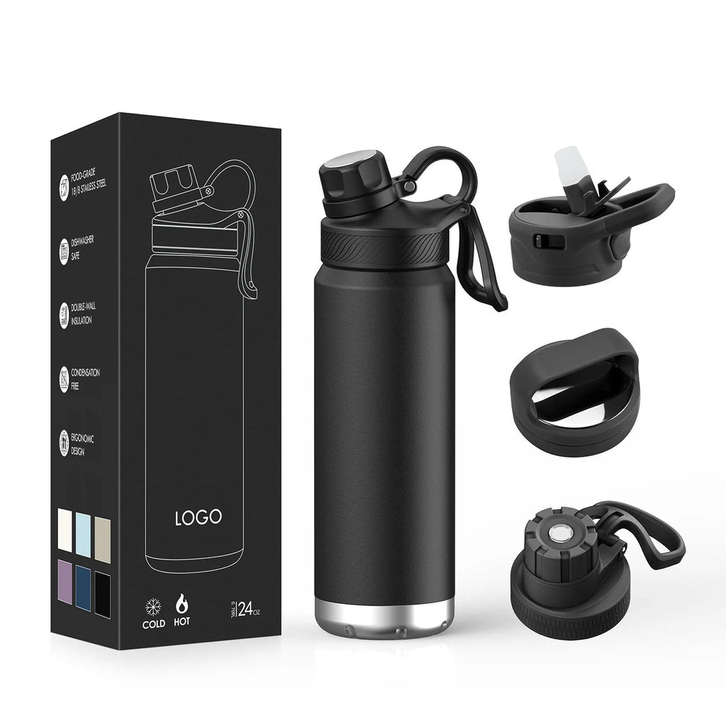 Double-layer 700ml stainless steel vacuum mug in black, light blue, and celadon, modern simplicity design