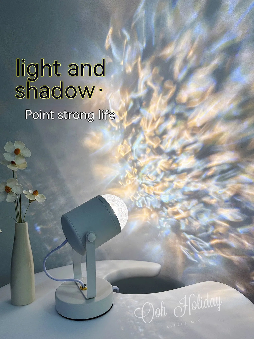 Dynamic water ripple ambience light lamp with desktop stand and ceiling mount options.
