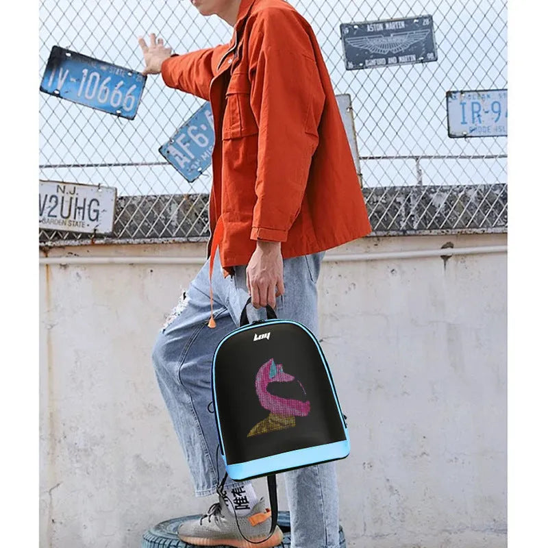 Waterproof PU LED smart backpack 26x11x30cm in black with luminous display and anti-theft design