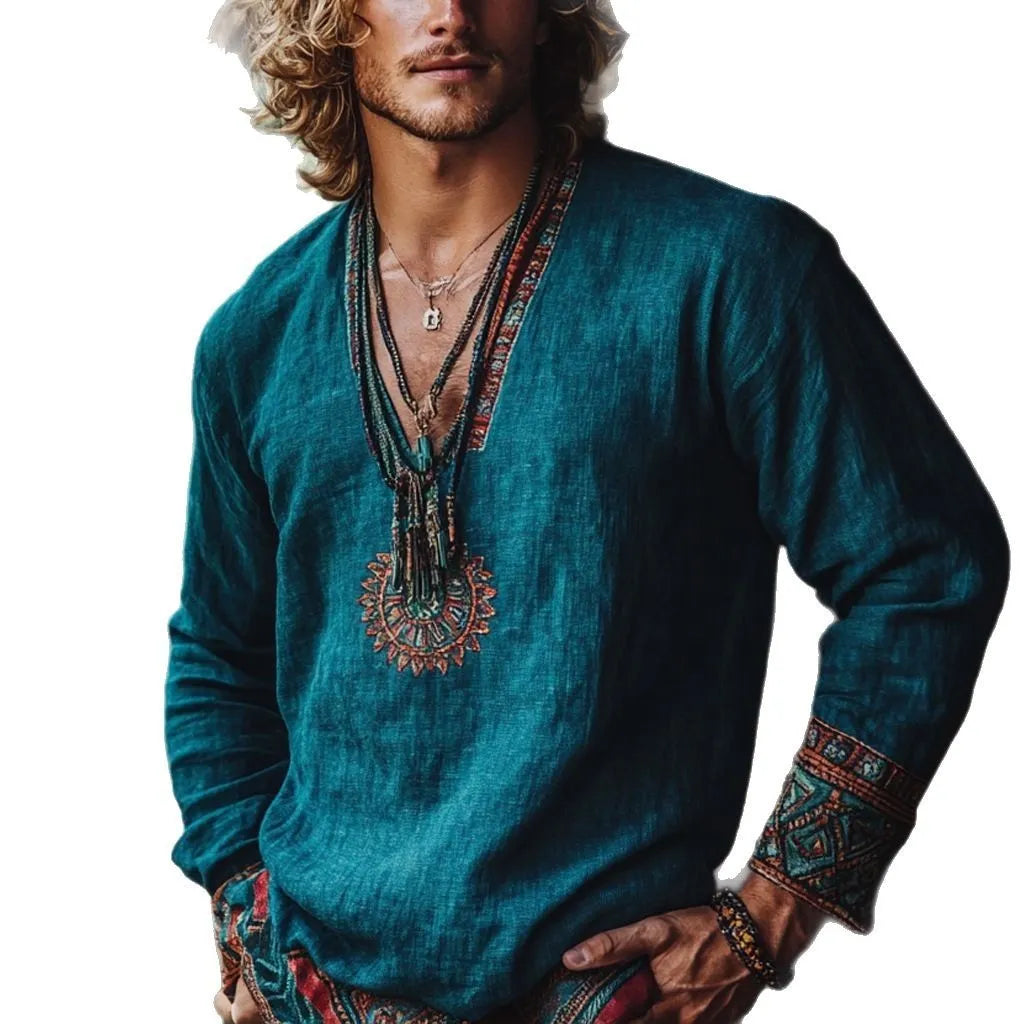 Boho holiday vintage printed long sleeve polyester top with European retro style and digital pattern