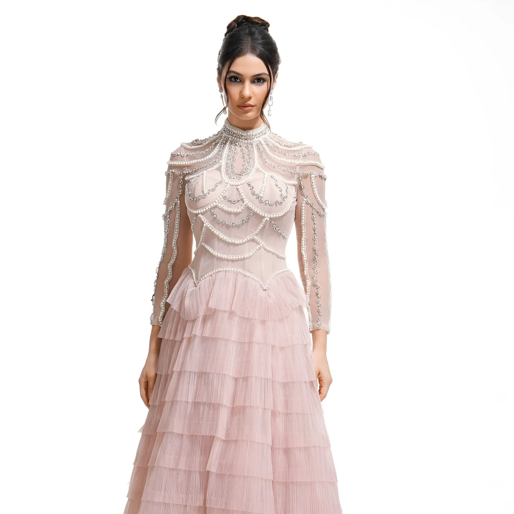 Women's black beaded long sleeve polyester dress with three-dimensional decoration