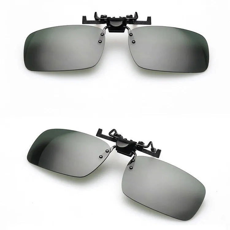 Clip-on driving sunglasses with night vision, dark green, and grey lens options in large and small PC frames.