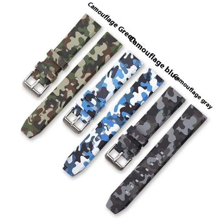Blue, grey and green camouflage silicone watch strap with flat head, shown in 20mm 22mm 24mm widths.