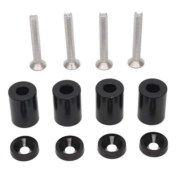 Aluminium machine cover pad height sheet with screws, nuts, washers in black, blue, and red colours.