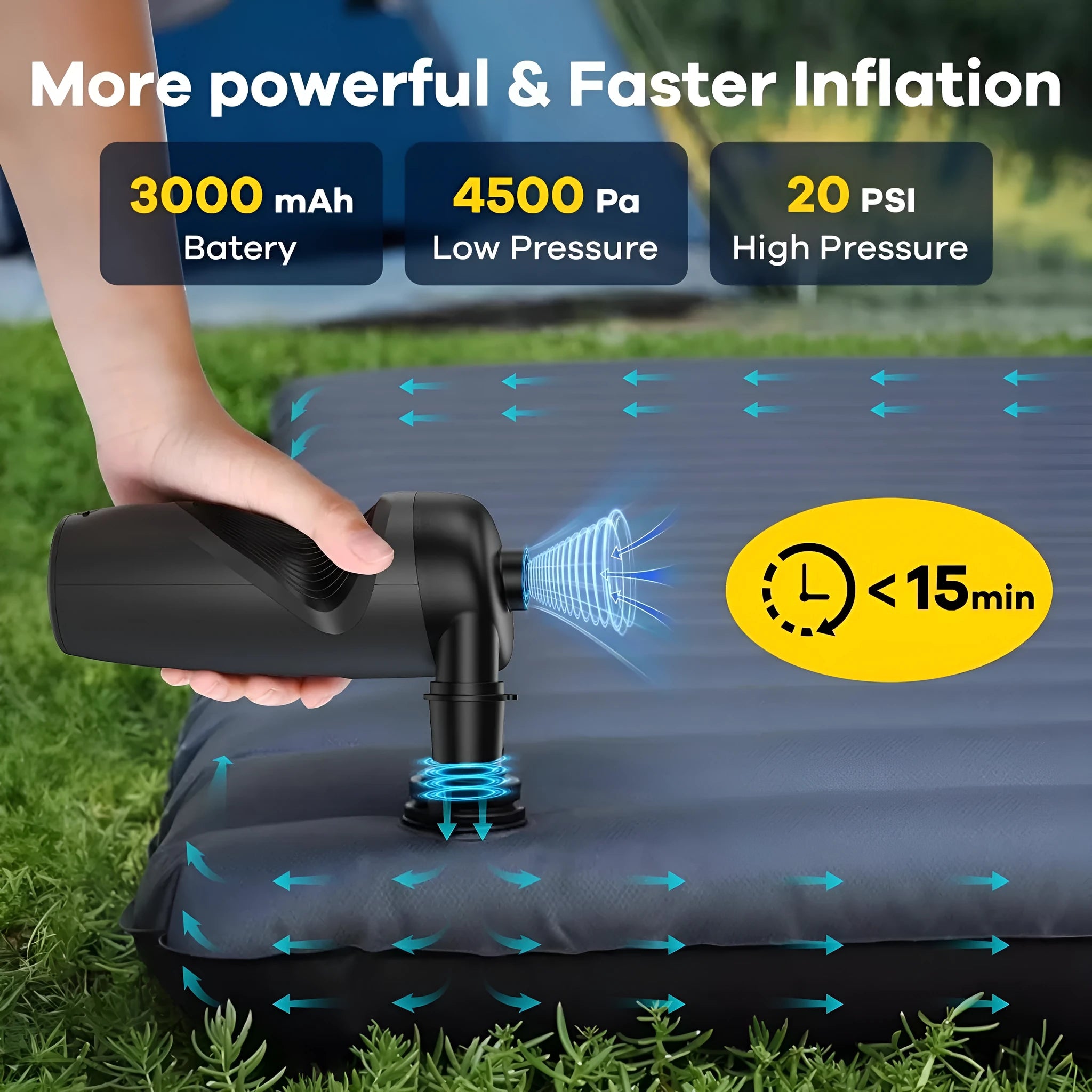 Black portable wireless inflator pump with LED light for outdoor and household use