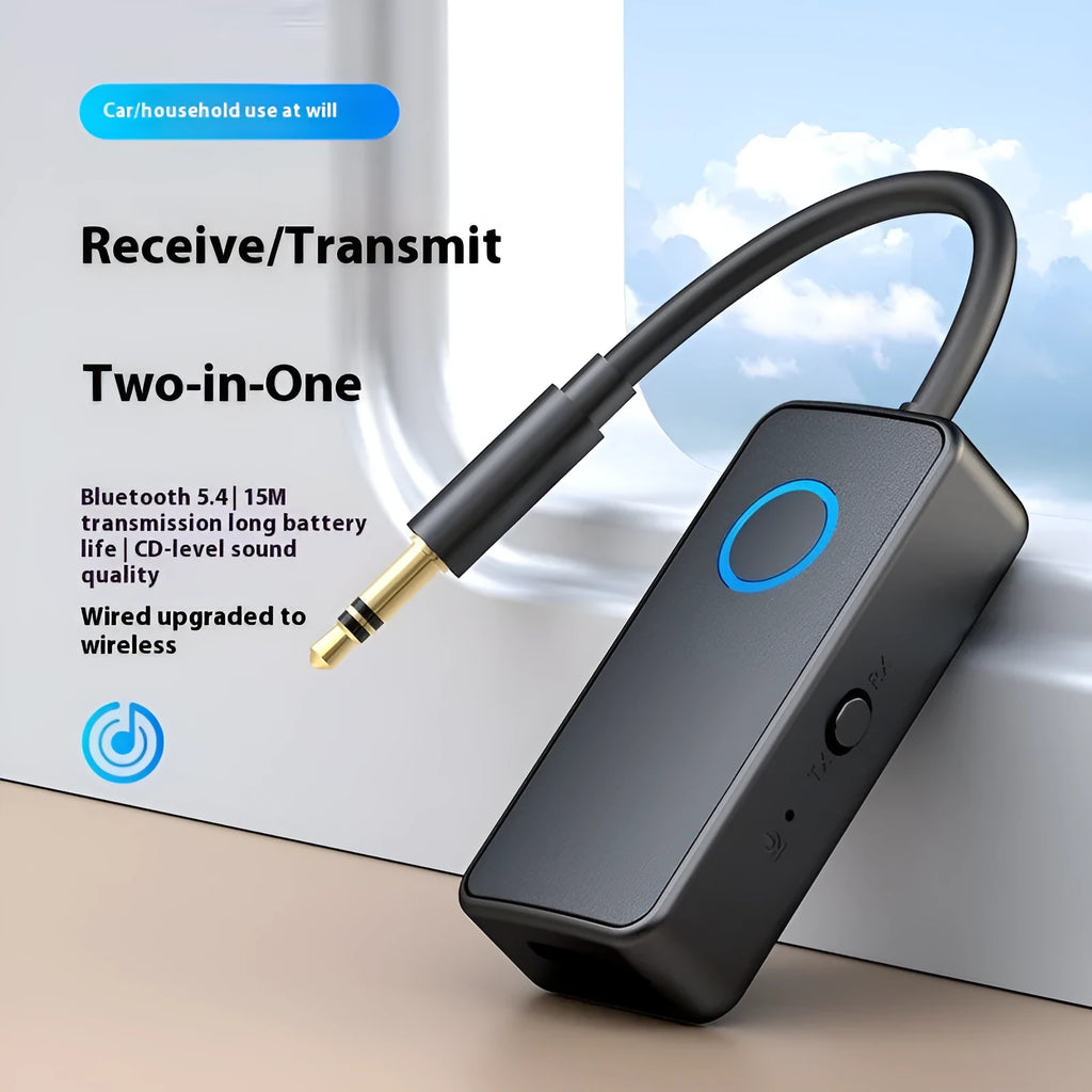 Black Bluetooth 5.4 audio adapter with flexible 3.5mm plug for wireless streaming.