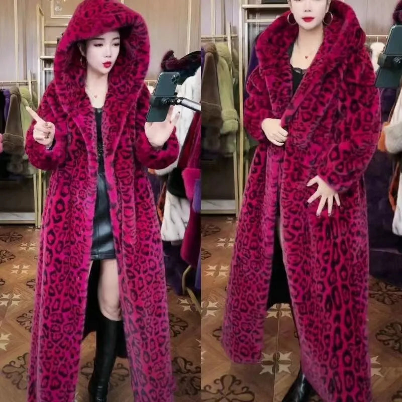 Loose fit long brown leopard print faux fur coat for women on a hanger.