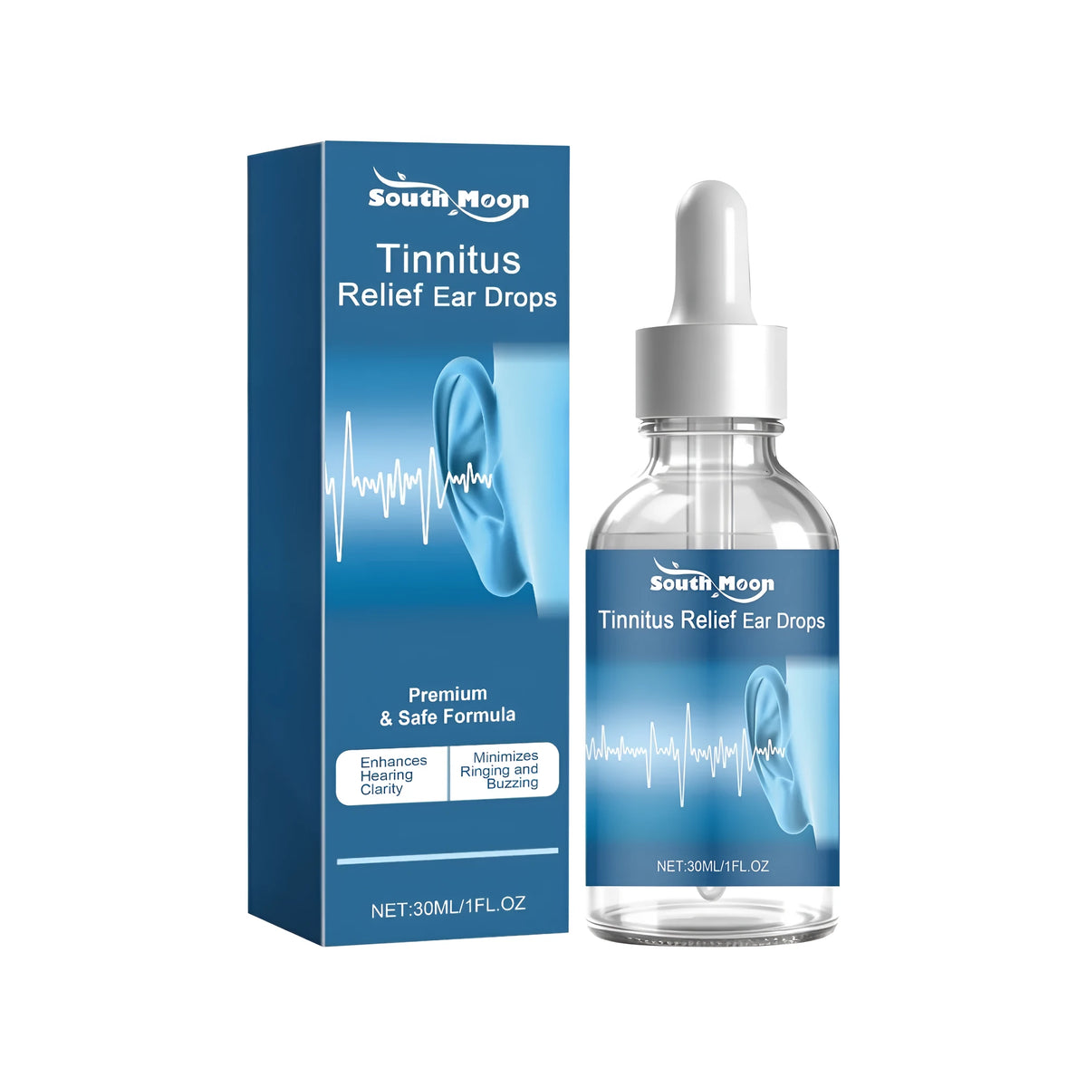 Tinnitus Relief Ear Drops 30ml bottle with herbal formula including witch hazel and lavender oil