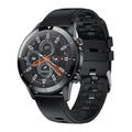 Silver black alloy Bluetooth smart watch with a black wrist strap on a wrist.