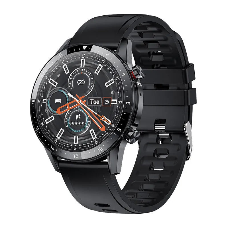 Silver black alloy Bluetooth smart watch with a black wrist strap on a wrist.