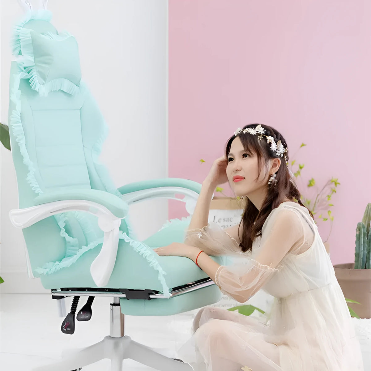 Steel and nylon gaming chair in a solid colour, available in yellow, green, pink or white with optional footrest