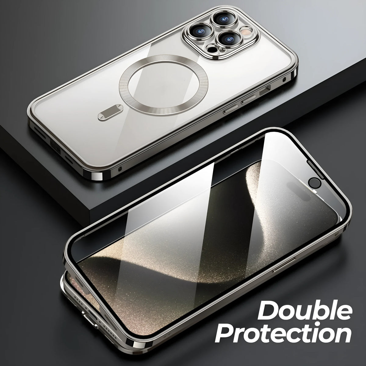 Magnetic HD electroplated metal phone case for iPhone 13 Pro Max in black colour, front view showing camera cutouts