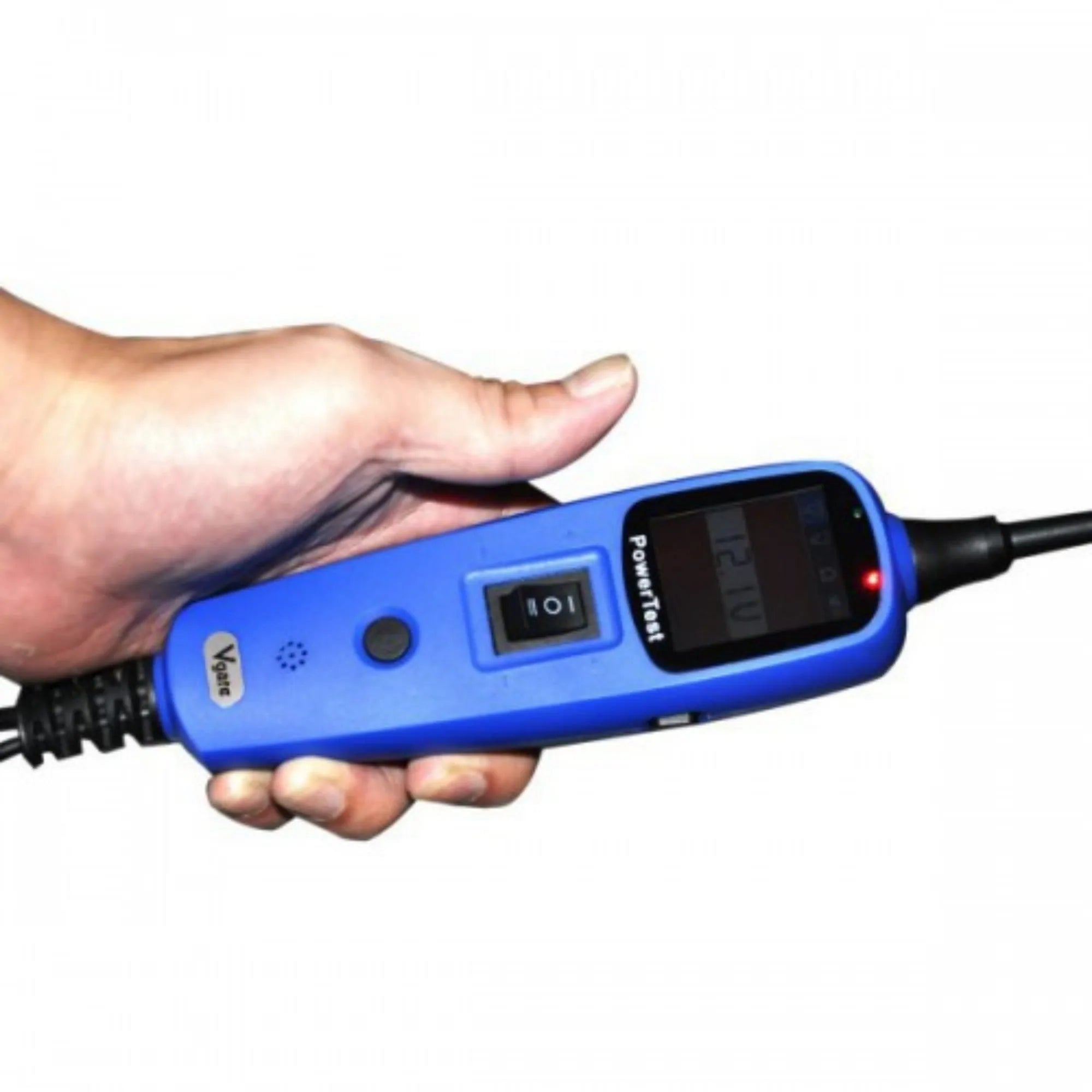 Blue PowerTest PT150 automotive circuit test pen with display screen, cables, clips, and hard case.