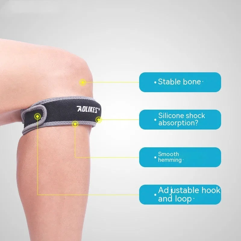 Black and grey patella retinaculum knee support for running and sports protection.