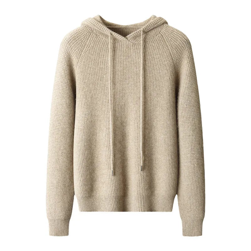 Hooded cashmere sweater, loose fit thickened winter pullover in camel, grey-green or navy blue, sizes S to XXXL