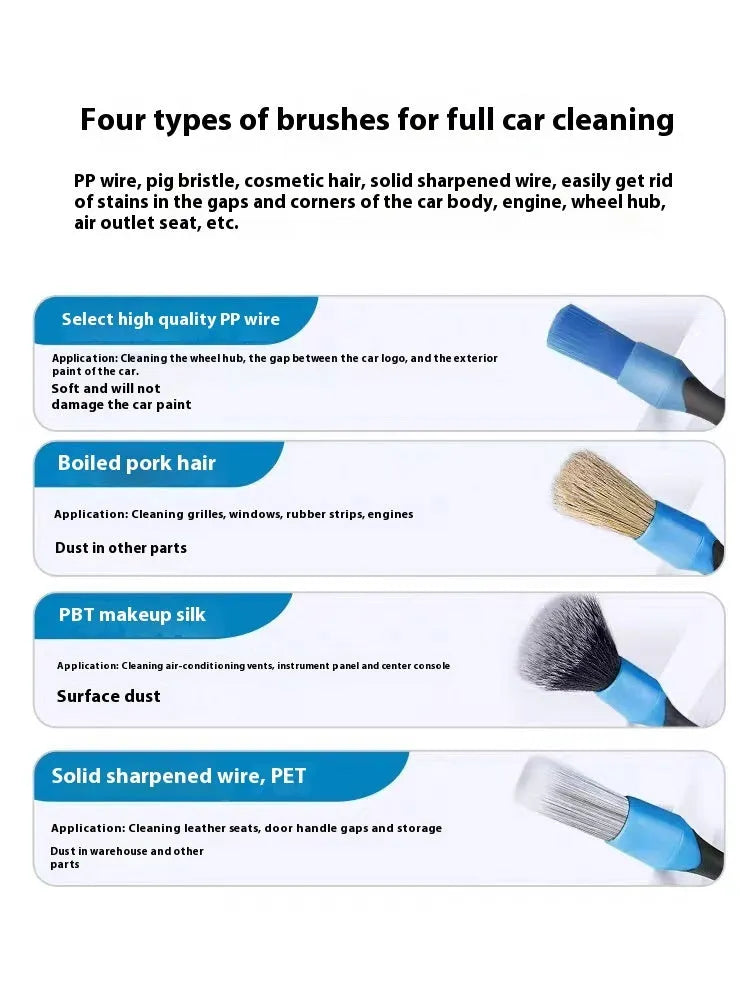 Blue detachable car wash brush set with four brush heads, two handles, and two elbows for hub gap cleaning