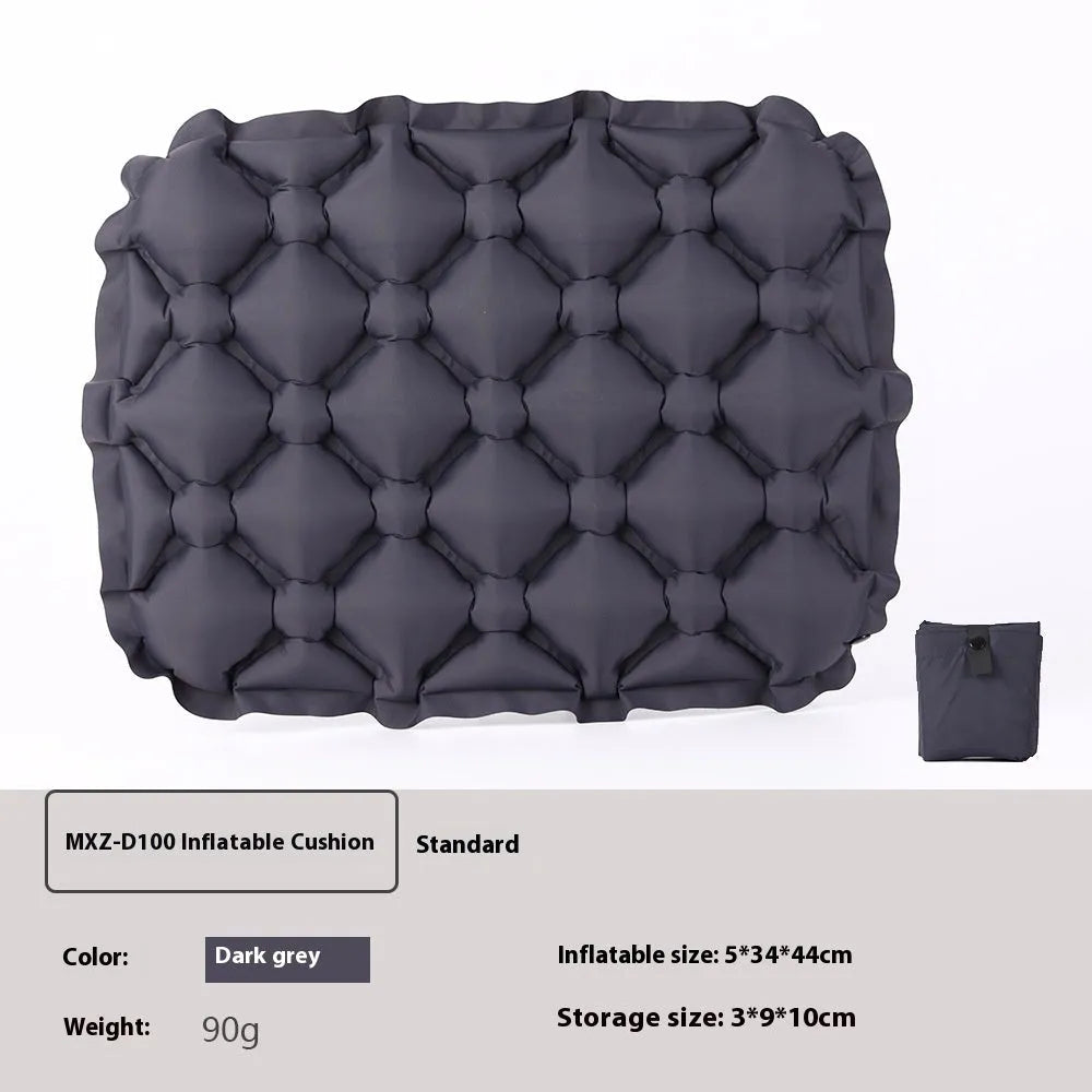 Inflatable camping cushion in grey, 40D nylon TPU, measures 5x34x44cm, lightweight and waterproof for outdoor use