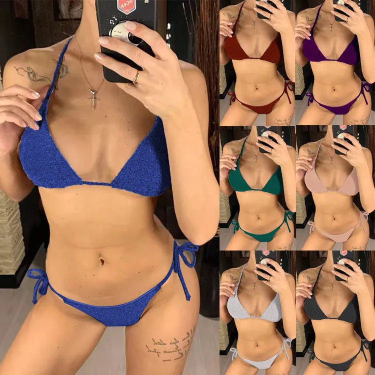 Women's polyester three-point bikini swimsuit in S-XXL, available in 13 colours including black, pink and sky blue