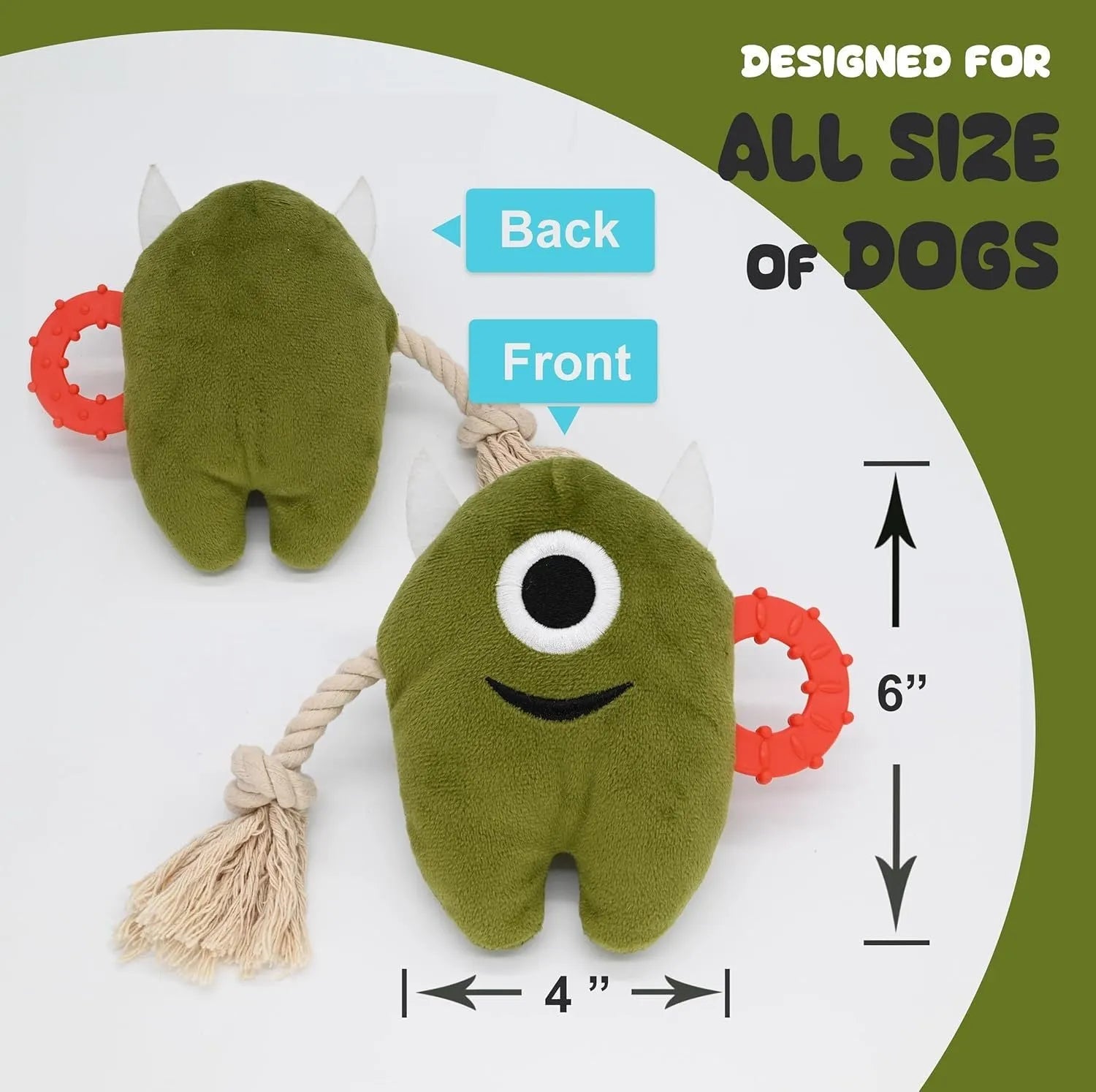 Blue and green plush dog toy with integrated cotton rope and squeaker for chewing and tug-of-war play.