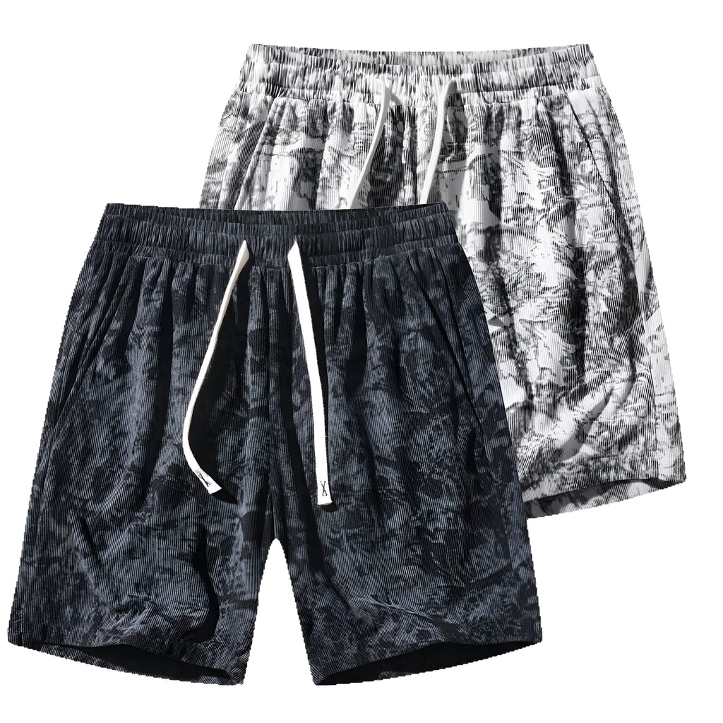 Men's camouflage pattern corduroy athletic shorts with straight cut and elastic waist