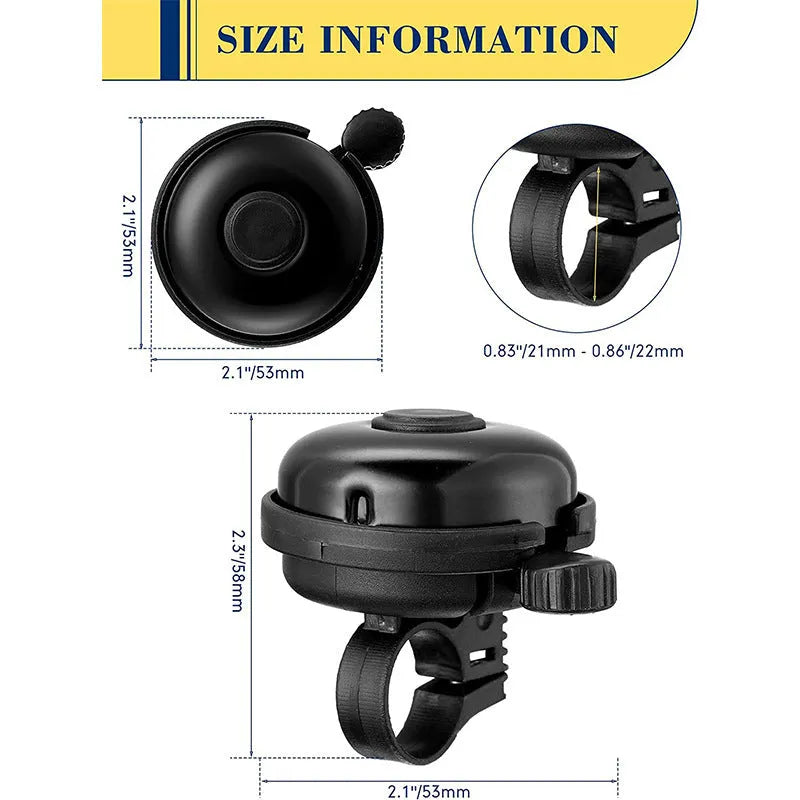 Black 58mm bicycle bell with mountain bike mounting fixture for handlebars