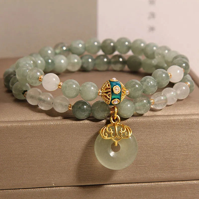 Women's double-layer aventurine jade bracelet with crystal safety buckle and rhinestone decoration