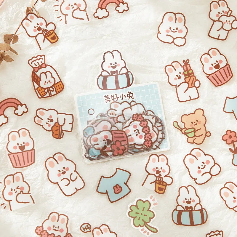Morning Foam PET sticker pack with 40 pieces featuring bear and rabbit designs on white backing sheet