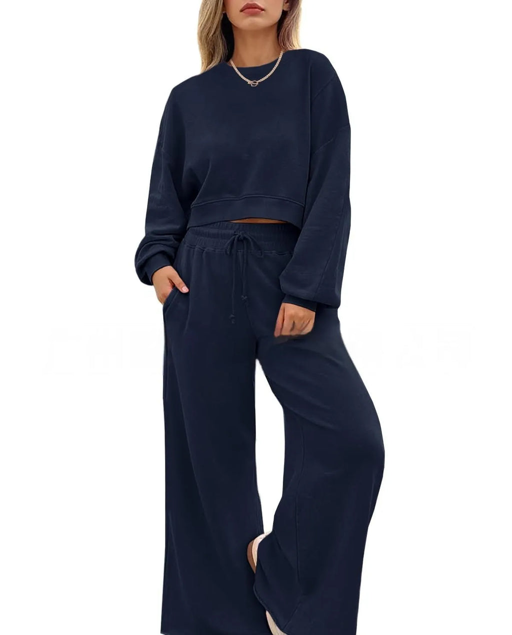 Women's solid colour polyester two-piece trouser set in street hipster style with long sleeves