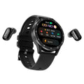 Black X7 smartwatch with integrated TWS earphones on a wrist, showing its 1.32-inch touchscreen and zinc alloy case.