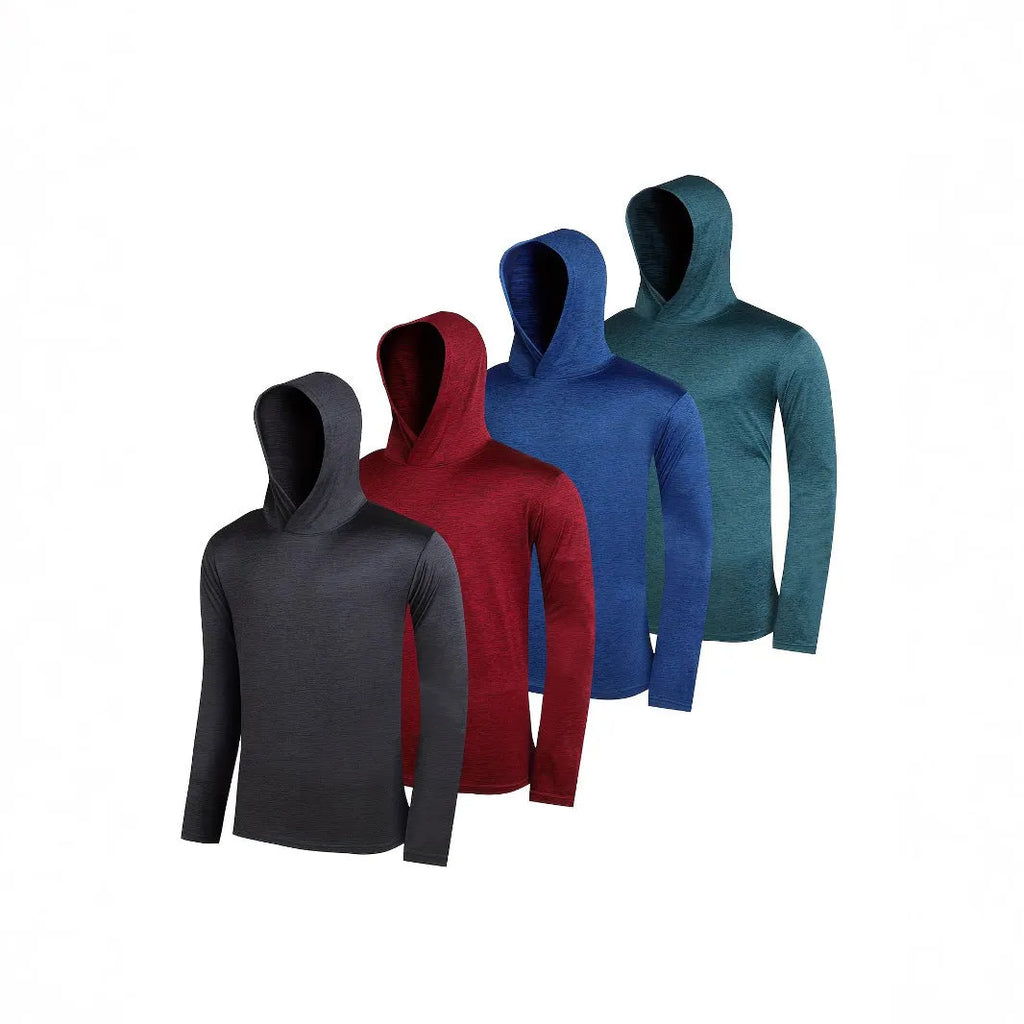 Pack of four men's lightweight polyester hoodies in various colours, showing hooded and non-hooded style options.