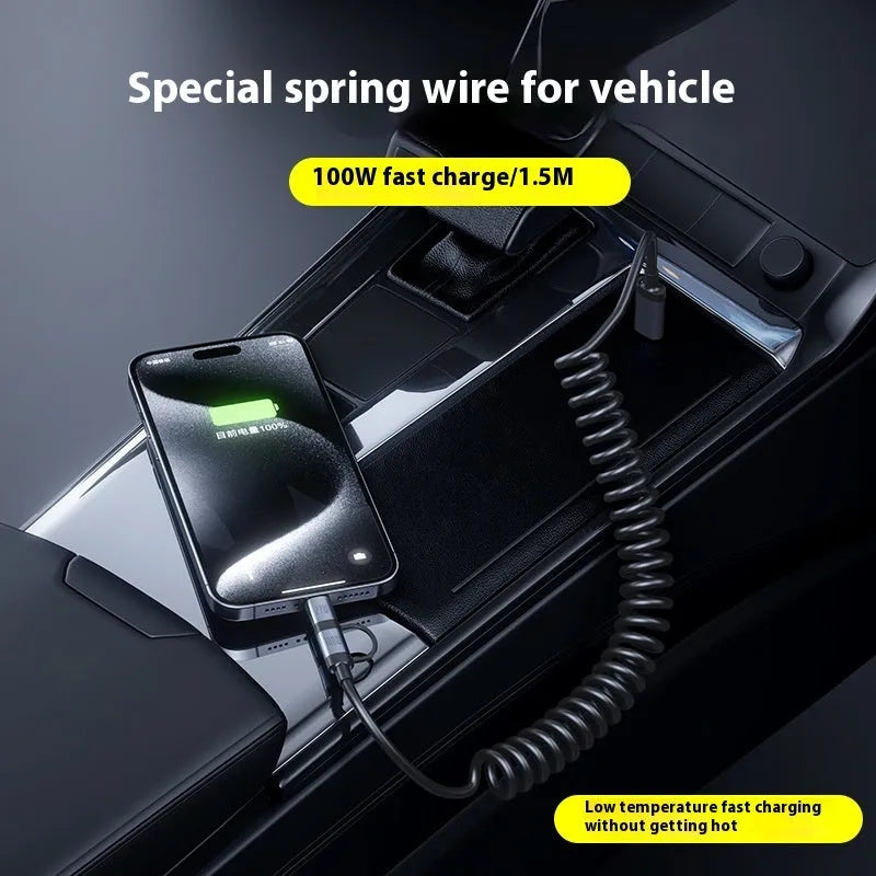 Two Fast Charge car spring wire data cable in black with Lightning and Type-C connectors