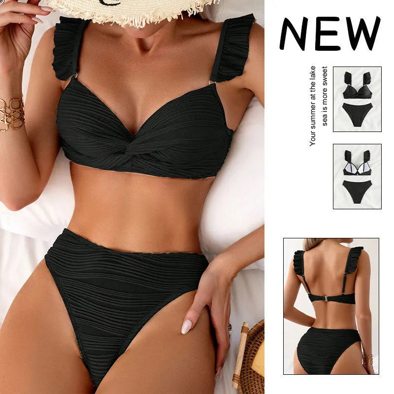 Women's solid colour bikini swimsuit in black or khaki on mannequin
