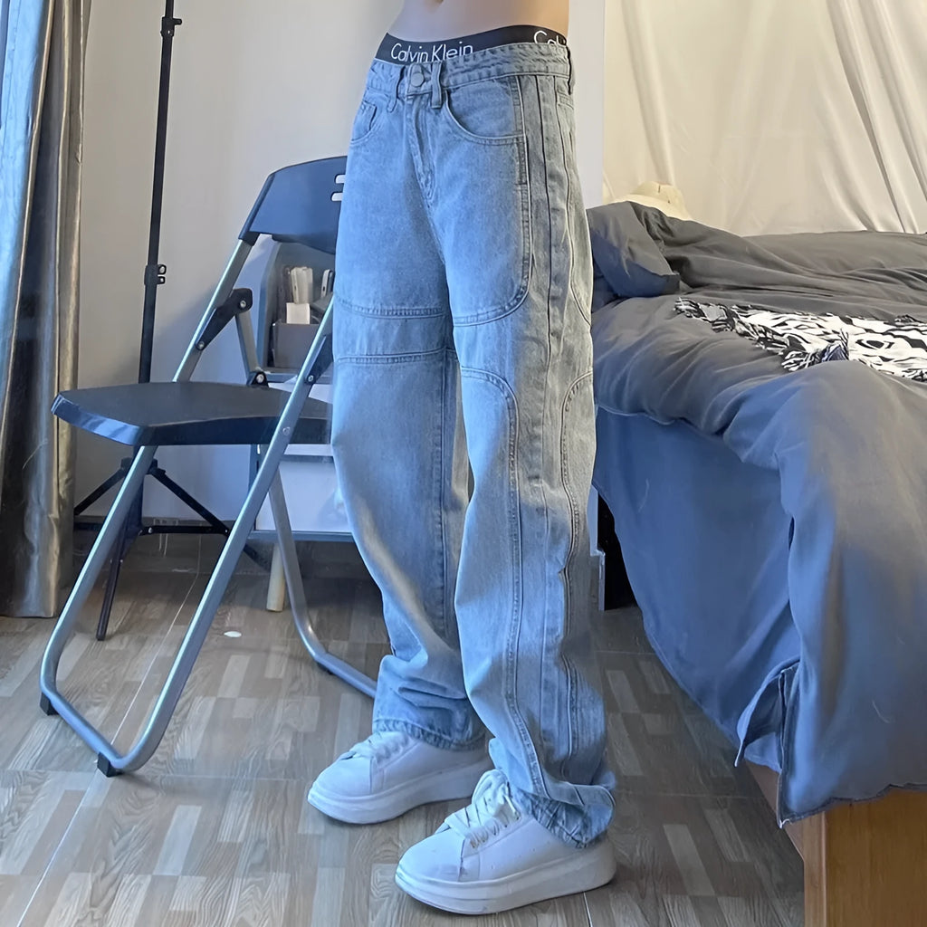 Straight leg retro wash jeans in blue, loose fit cotton denim, sizes S to 3XL