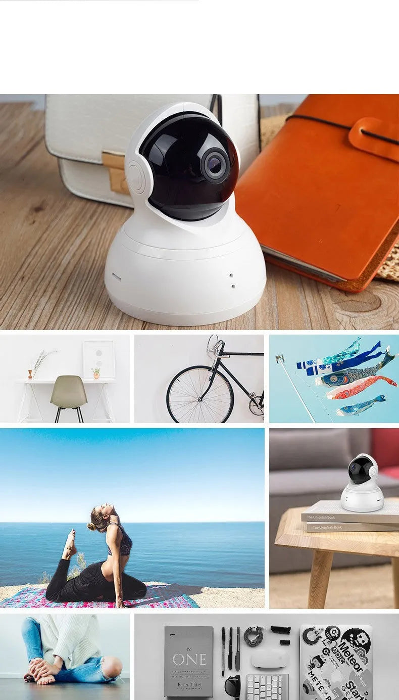 White HD night vision 360-degree indoor surveillance camera with wall mount and cables