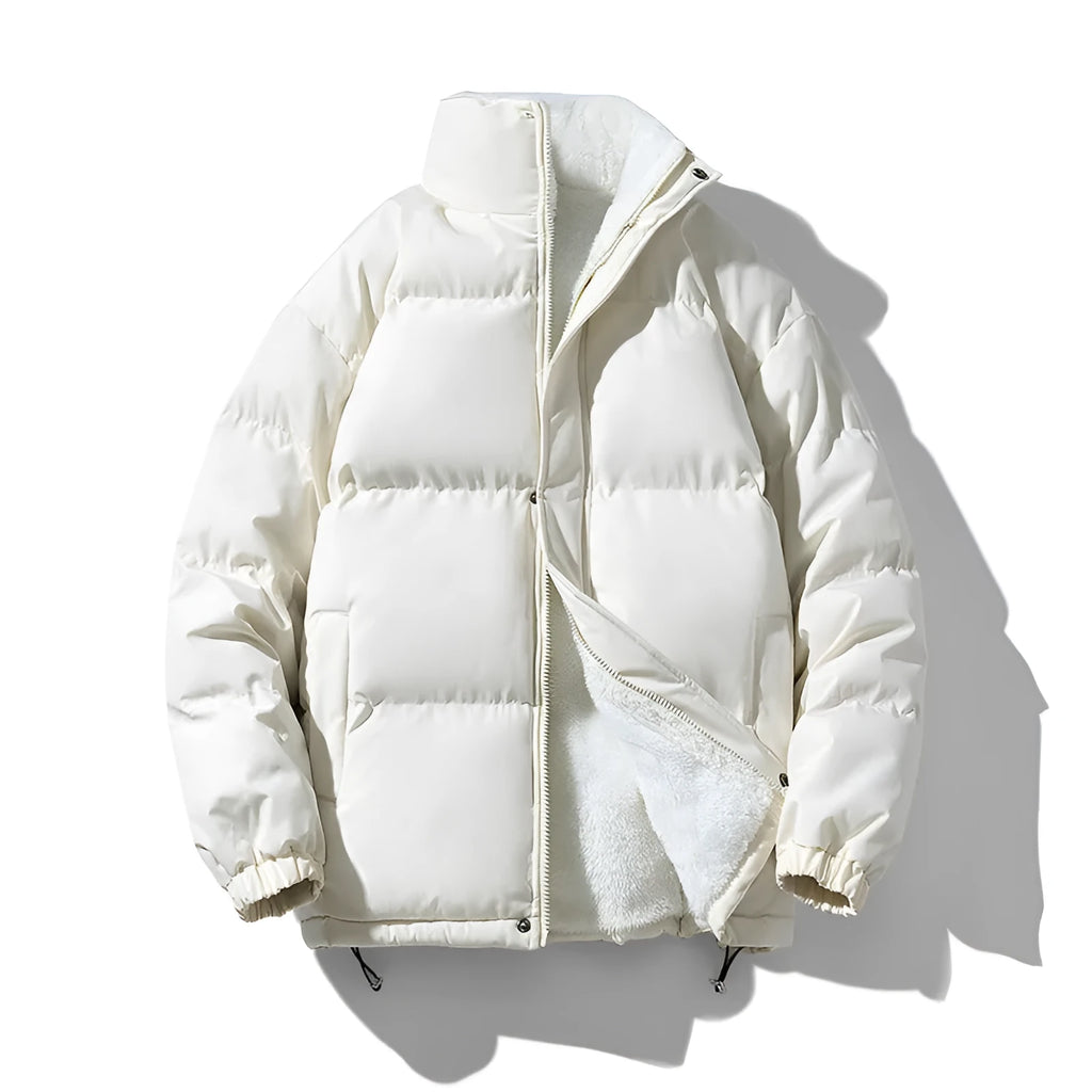 Warm solid color loose stand-collar unisex polyester winter coat in black, front view