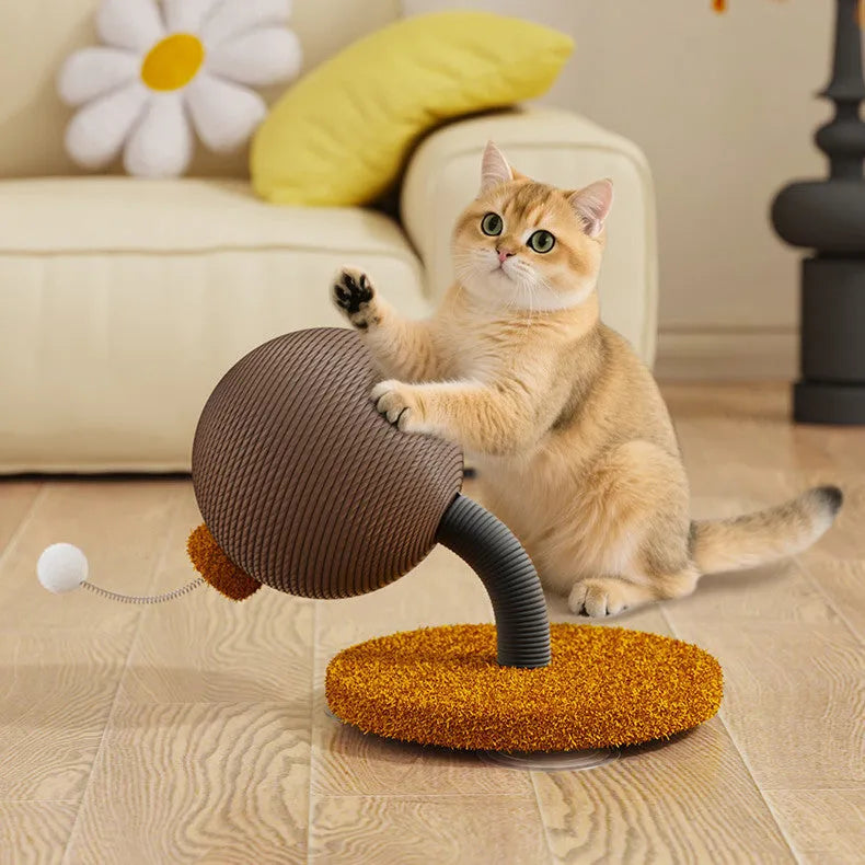 Hemp rope cat scratch board with interactive tumbler or grasping ball elements