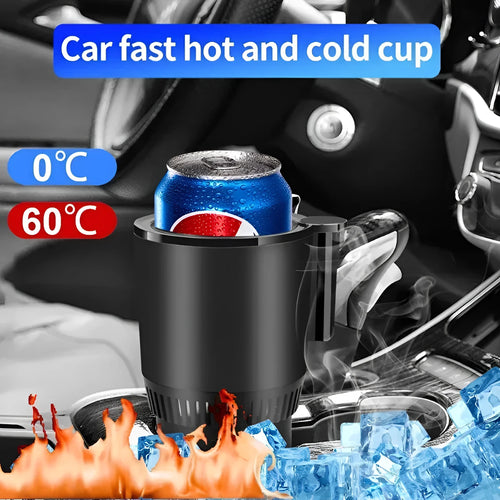 Black 2-in-1 car cup holder with digital temperature display for heating and cooling drinks