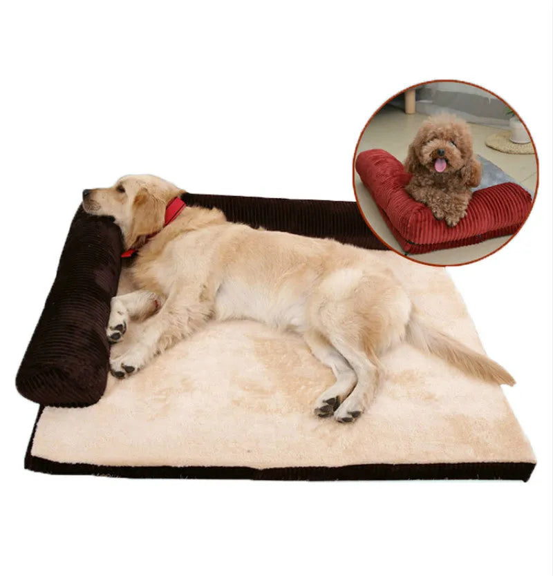 Corduroy pet sofa dog bed in grey with raised sides on a wooden floor