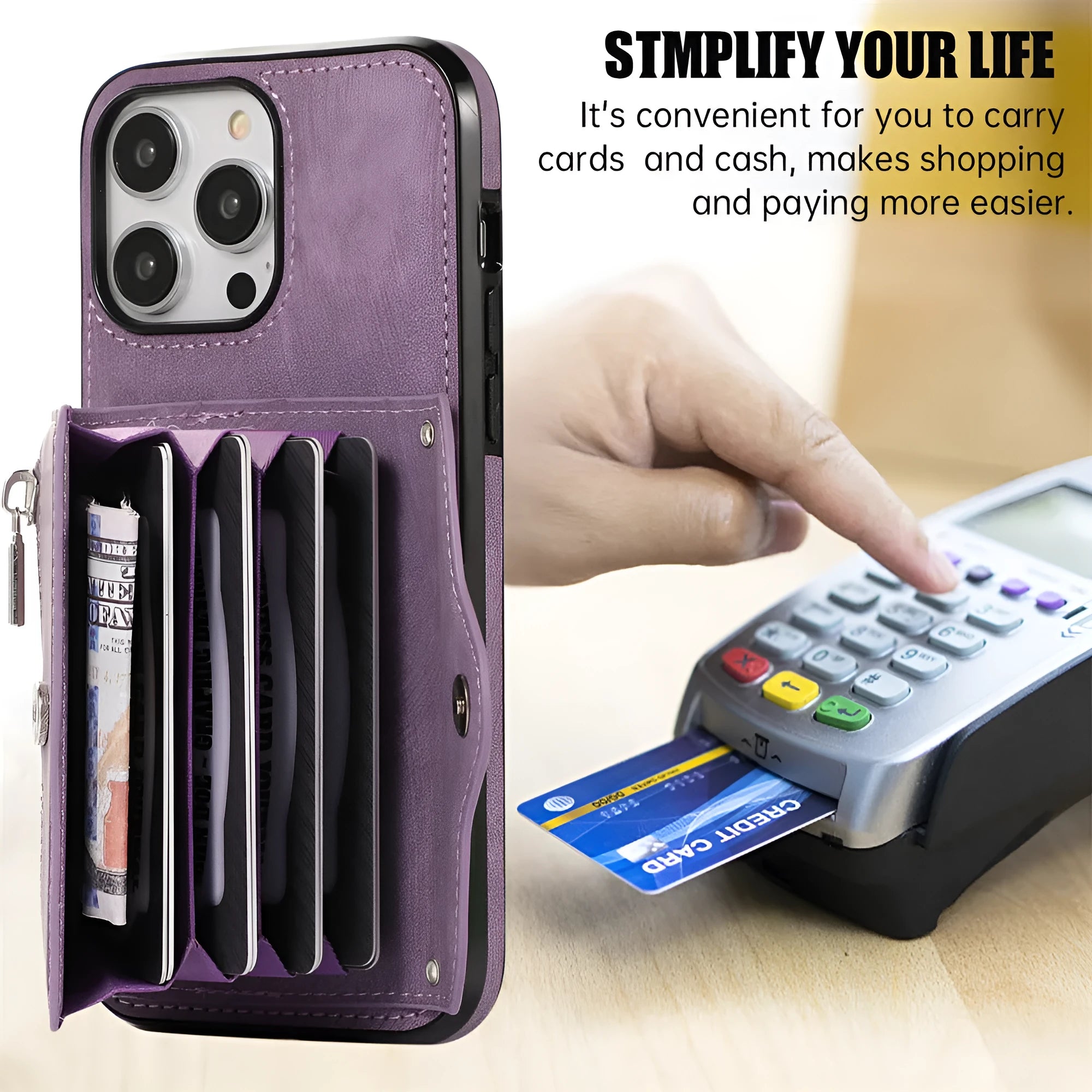 Blue polyurethane phone case with crossbody rope and built-in bracket for iPhone