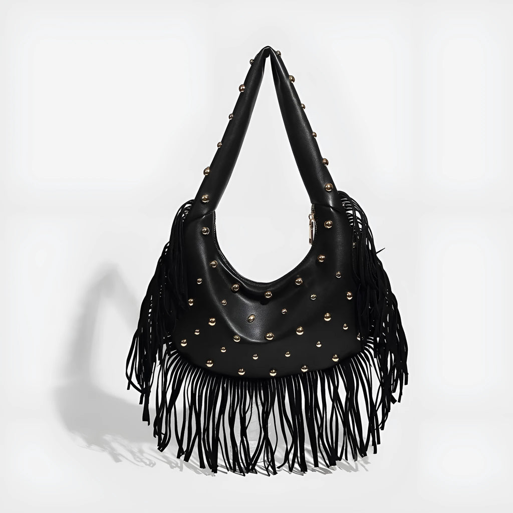 Retro tassel shoulder handbag in black with mobile phone compartment visible
