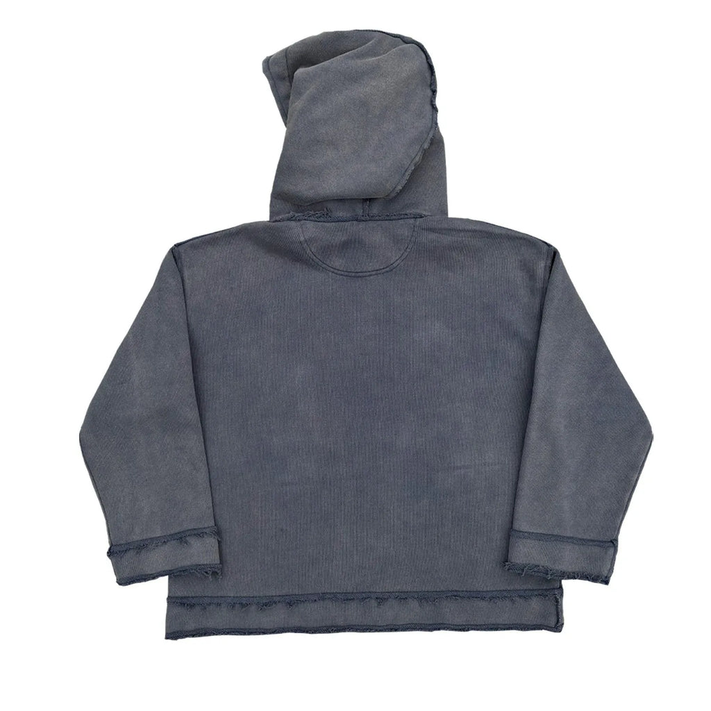 Dark blue hoodie sweatshirt with relaxed fit on mannequin showing front and side views