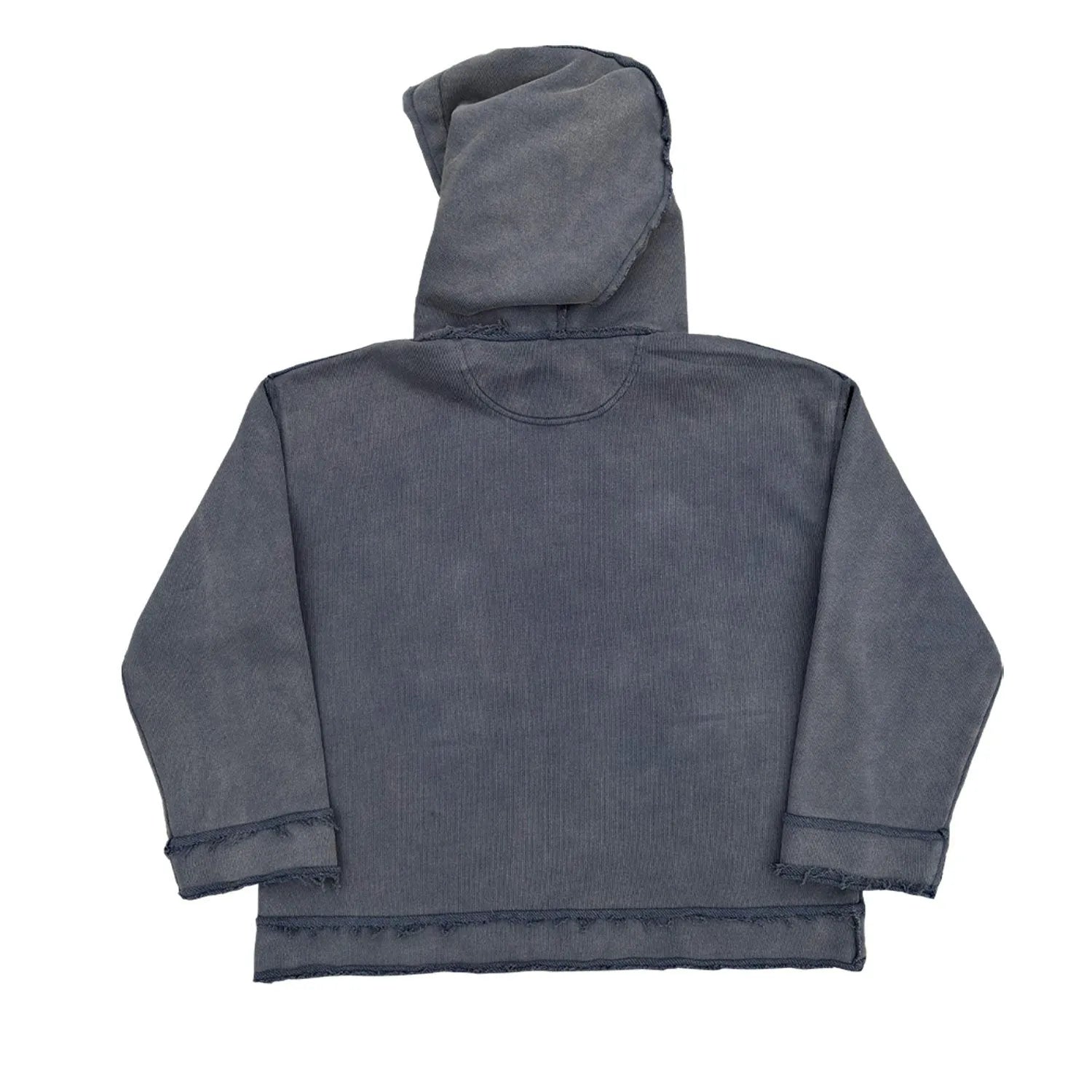 Dark blue hoodie sweatshirt with relaxed fit on mannequin showing front and side views