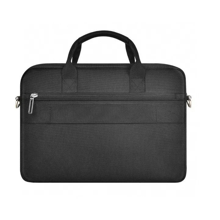 Black Oxford cloth laptop backpack showing multiple pockets and anti-seismic padding for 14-inch or 15.6-inch computers.