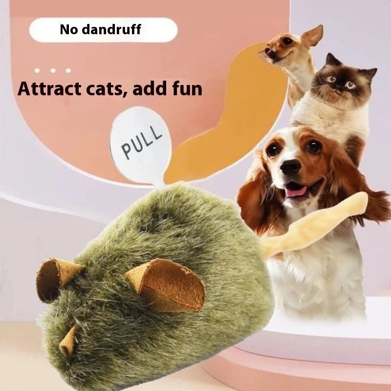 Plush cat toy simulated sound mouse with grey fur and pink nose on white background