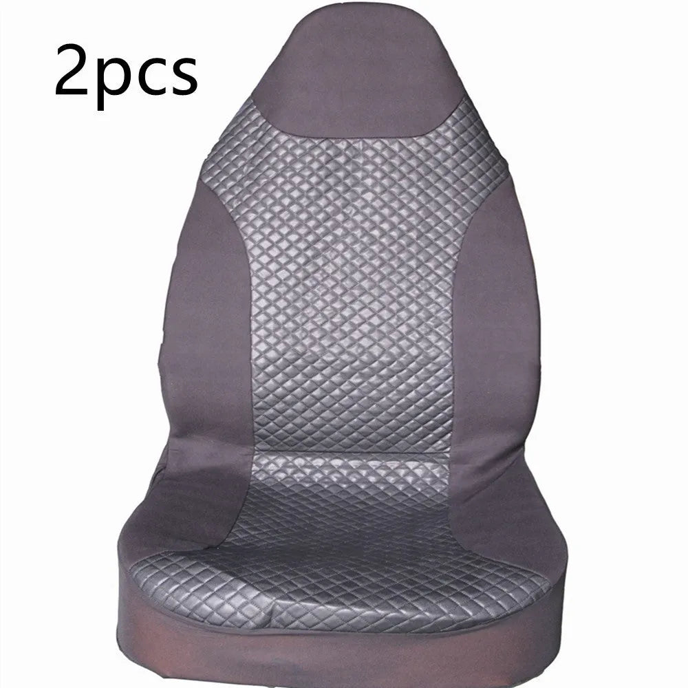 Black quilted automotive seat cover made of PU and polyester with plastic hooks.