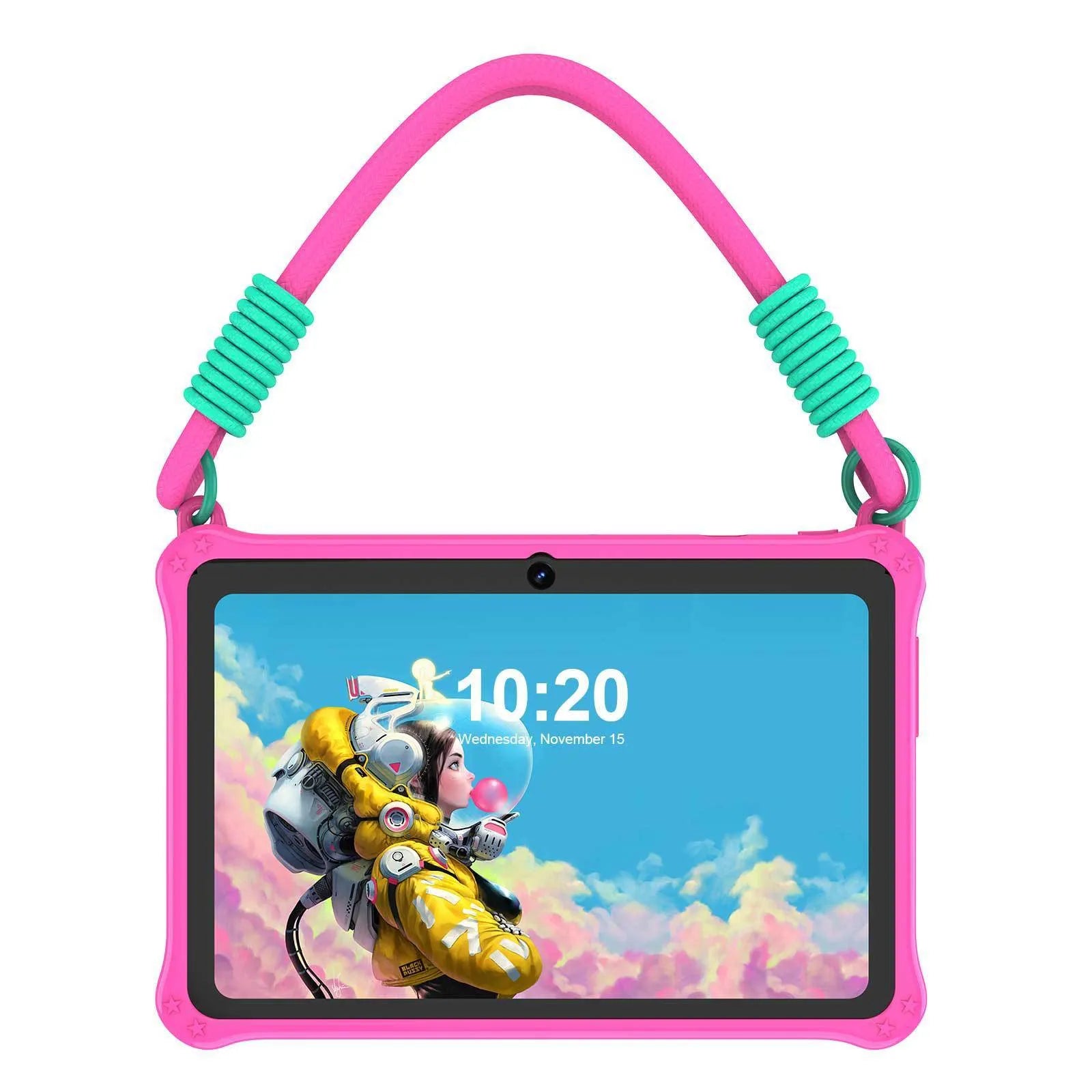 Sapphire blue silicone protective case with strap for a 7-inch children's tablet.