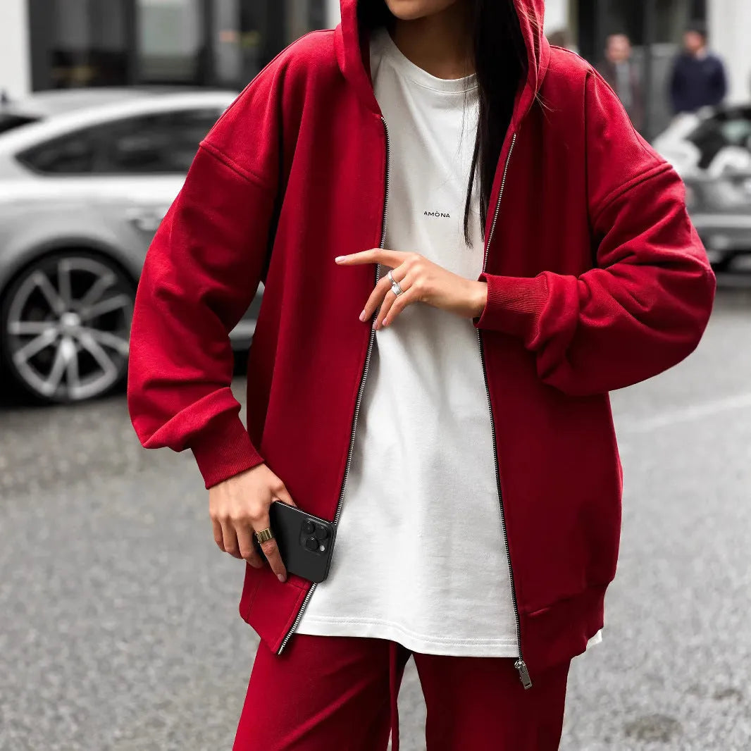 Street style long-sleeved coat and trousers two-piece set in solid colour polyester
