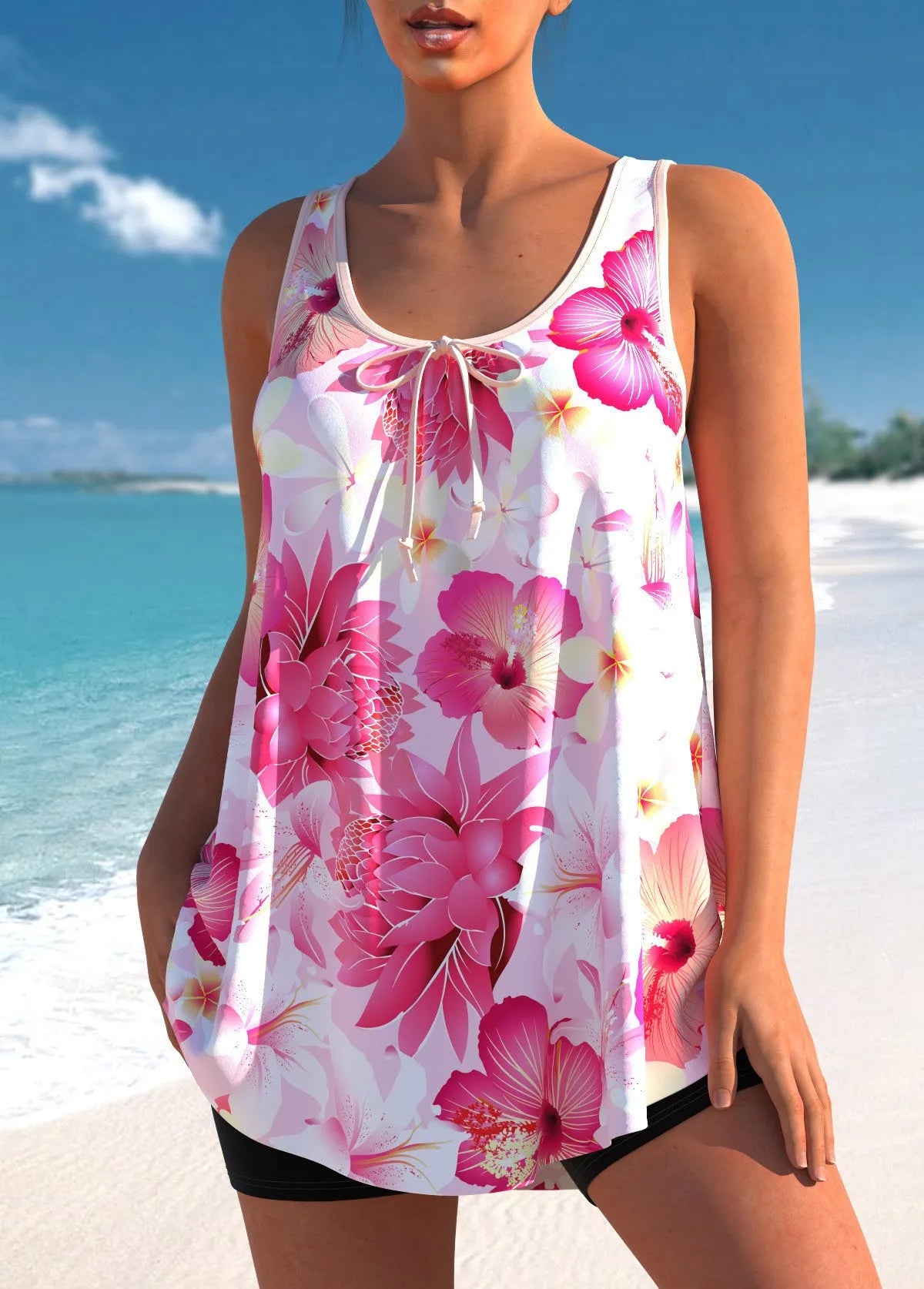Pink printed plus size tankini swimsuit with high-waist briefs on a hanger.
