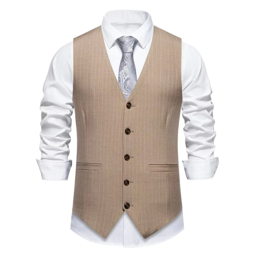 Men's striped suit vest in polyester with non-ironing fabric, shown in a red striped colour option.